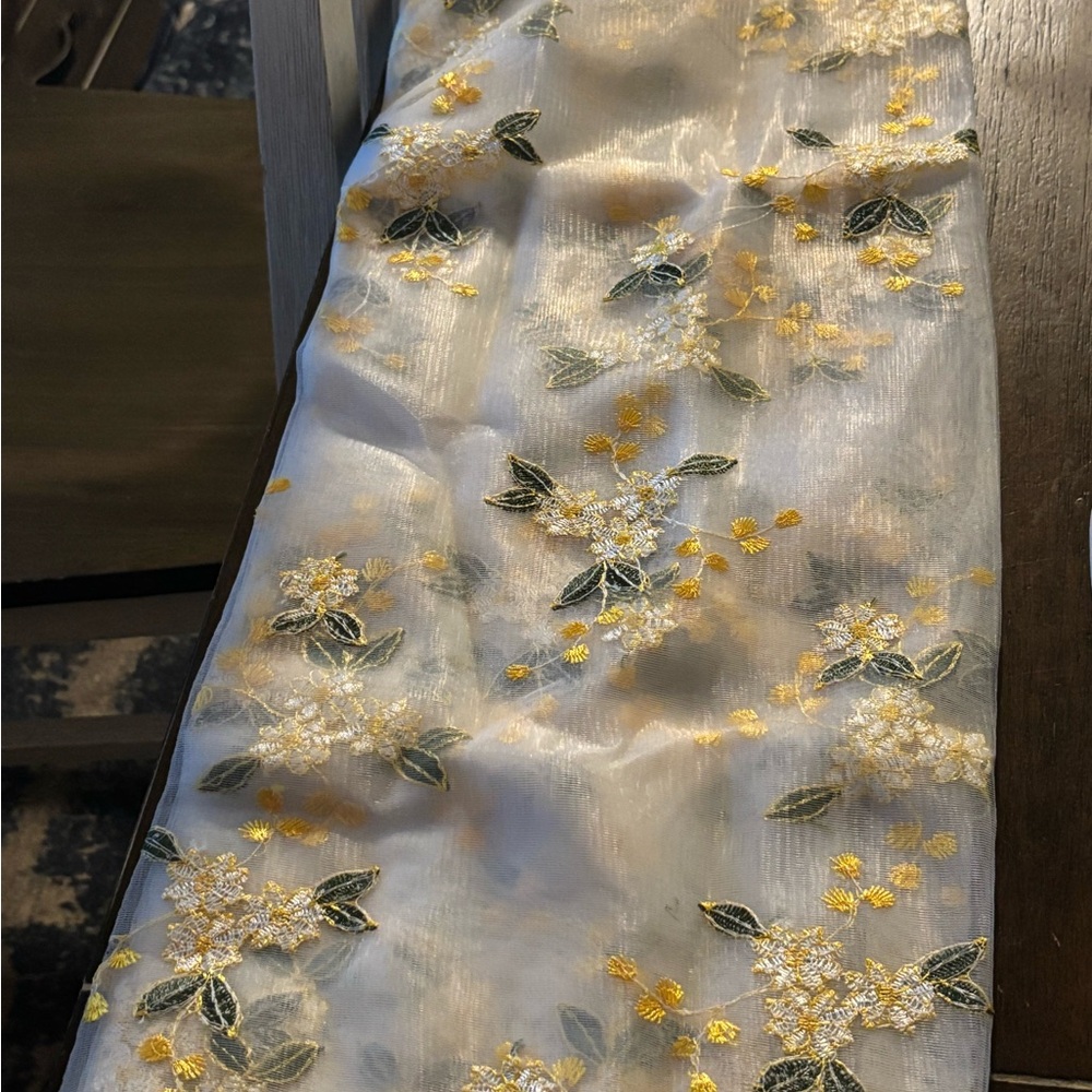 Embroidered Sheer Fabric Panel with Yellow Floral Motif
